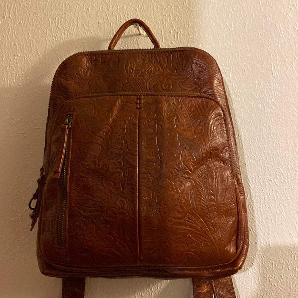 Leather Embossed Brown Backpack - Women's Bag